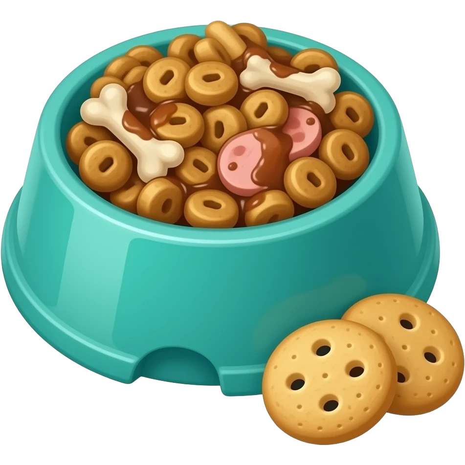 Apple emoji style 3D icon. Teal dog bowl filled with kibble, meat in gravy, and bone biscuits. Two separate biscuits next to it. Realistic textures. Isolated on light grey. emoji