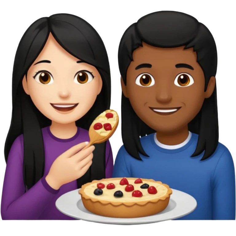 Fair skin woman with long black hair with her Brown skin ned boyfriend with his fine cut blacked hair eating together . Sticker emoji