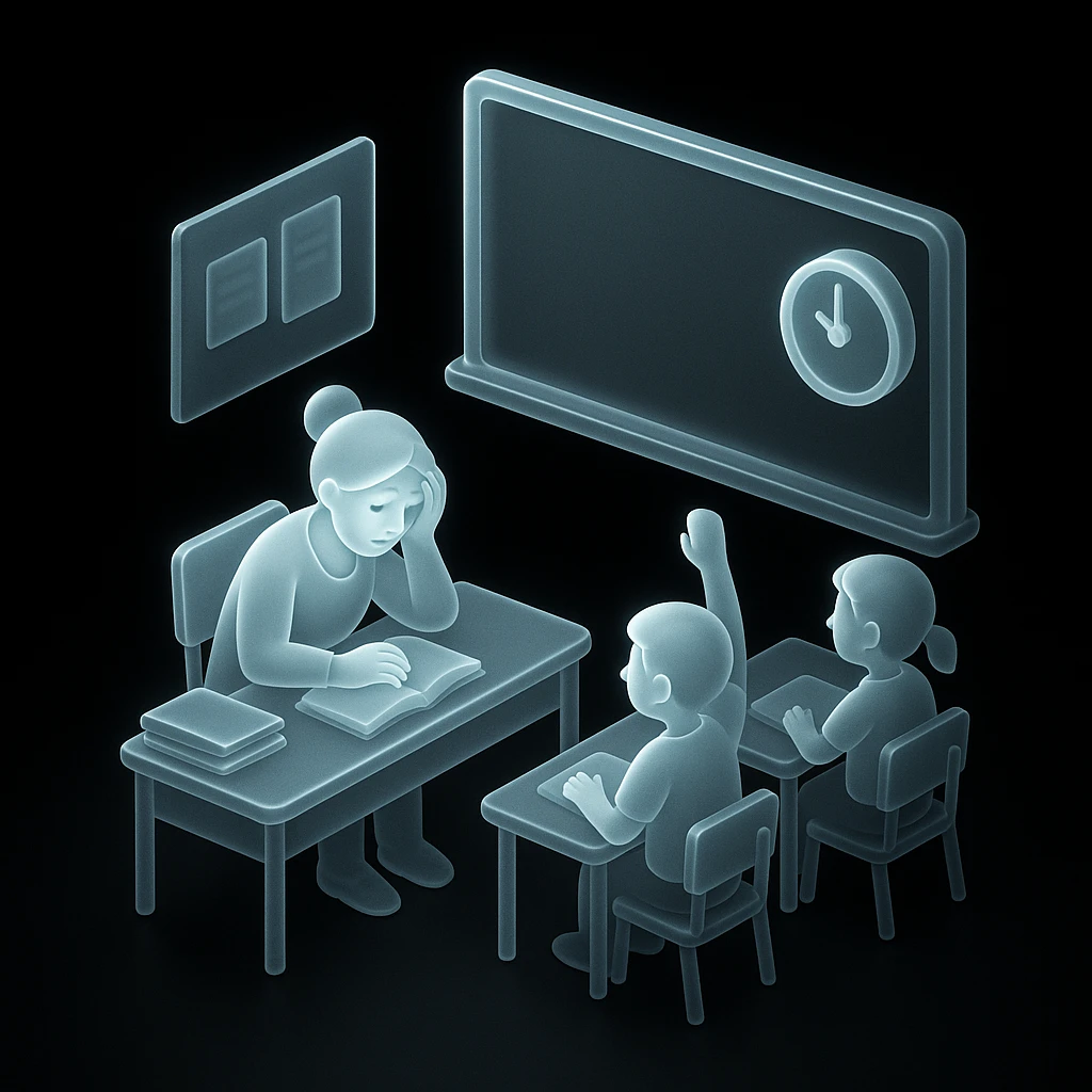 exhausted teacher in a bustling classroom emoji