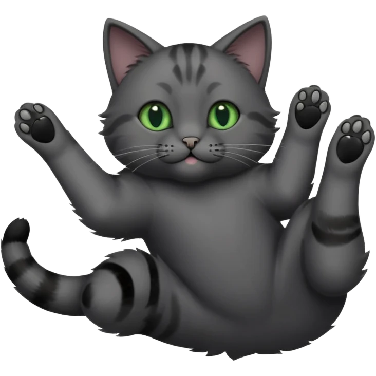 solid dark grey cat with green eyes, completely solid grey face, white toes/paws playing rolling upside down emoji