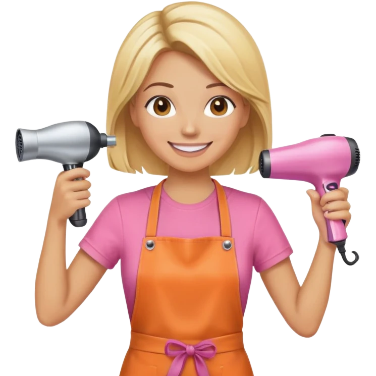blonde female hairstylist smiling, pink t-shirt, orange apron, holding scissors and hairdryer with hands raised emoji
