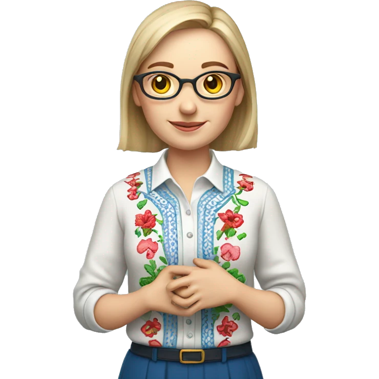 A Ukrainian teacher in an embroidered shirt holds a heart in her hands emoji