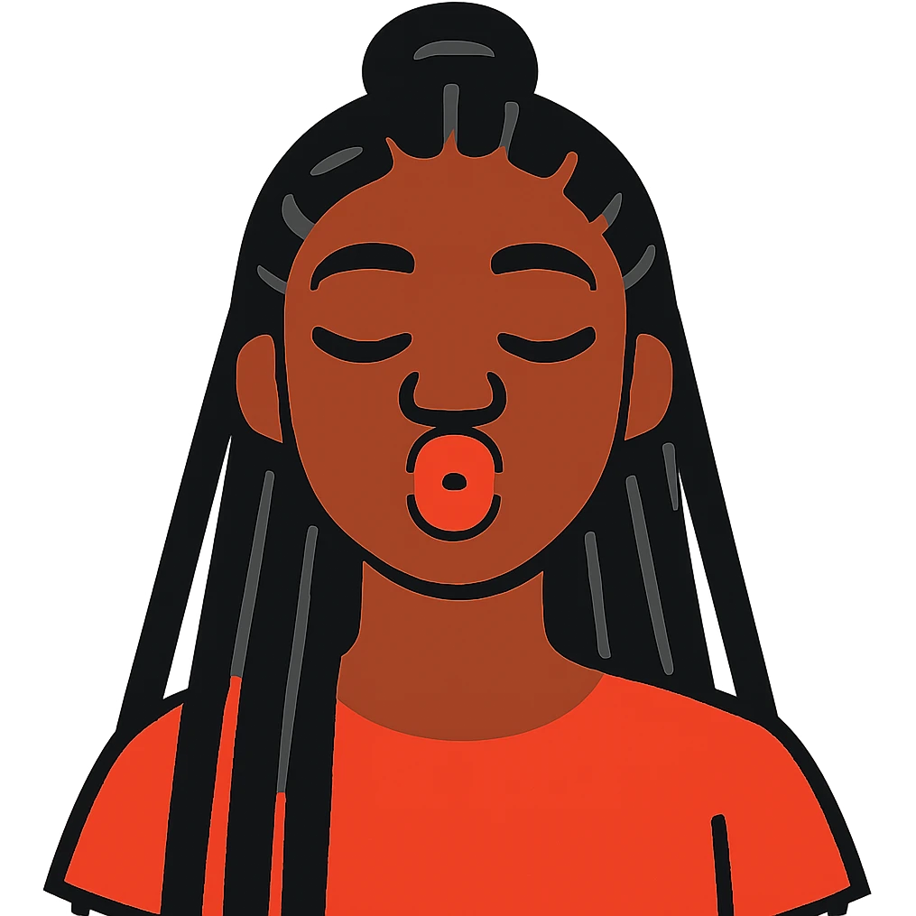Black girl with long black braids, half up half down, making a kissy face emoji