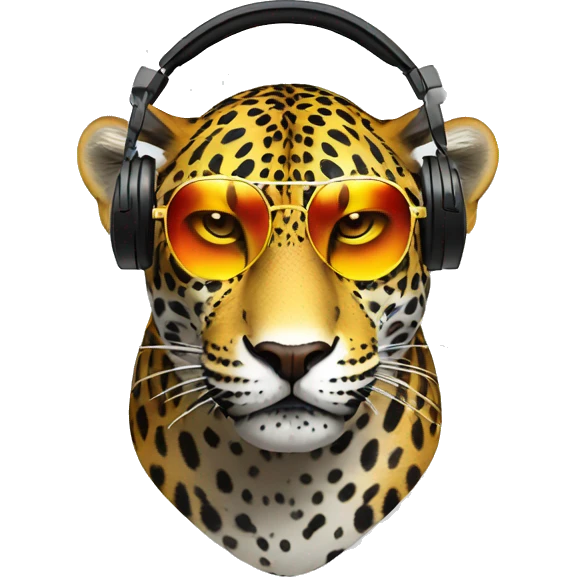striking jaguar dj, emoji head, looking forward, wearing reflective sunglasses, wearing colorful big over-ear headphones on top of head emoji
