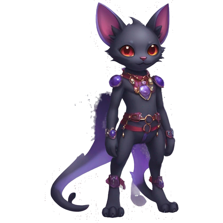 cool kawaii edgy black purple red ethereal fantasy beautiful elegant nargacuga-bat-cat-Fakemon wearing legs spats a collar harness with jewelries full body emoji