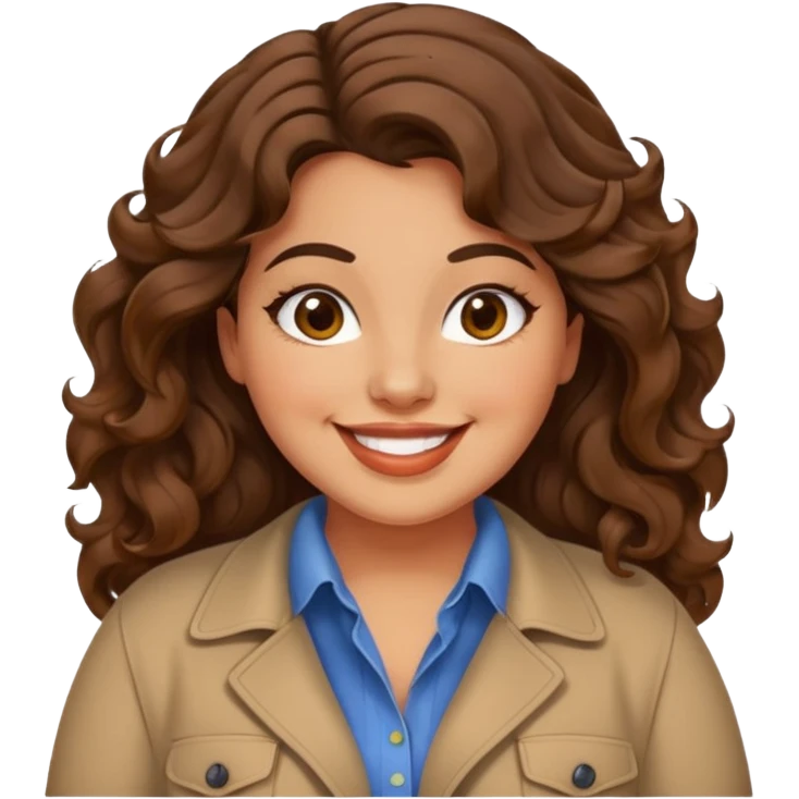 30 yr old italian woman, chubby, brown wavy hair, big brown eyes, huge smile, trendy clothes emoji