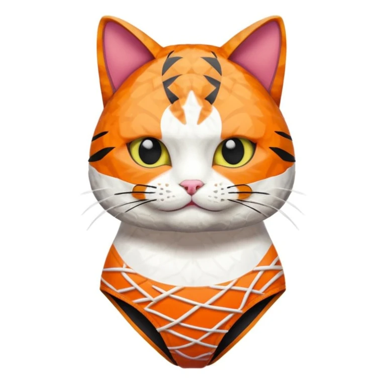 cat wearing a one piece swimsuit made only out of sushi pieces emoji