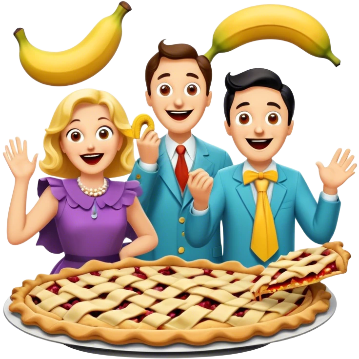 A vintage movie poster-style design featuring slapstick humor elements—funny characters in exaggerated poses, oversized props, and bright colors. Include elements like pies in faces, a falling banana peel, and cheerful expressions. Retro cinematic style. Transparent background. emoji