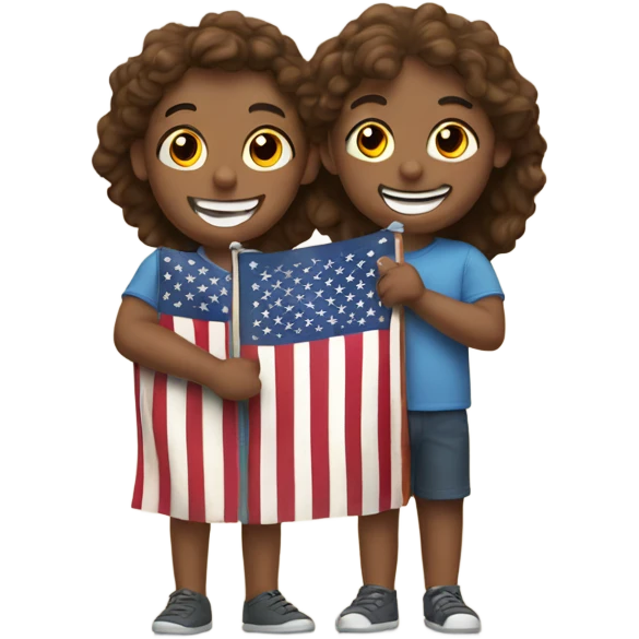 smiling friends indoors together holding an American flag emoji