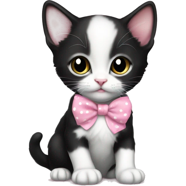 Baby Full body Tuxedo kitten with a pink polka dot ribbon Hazel eyes emoji