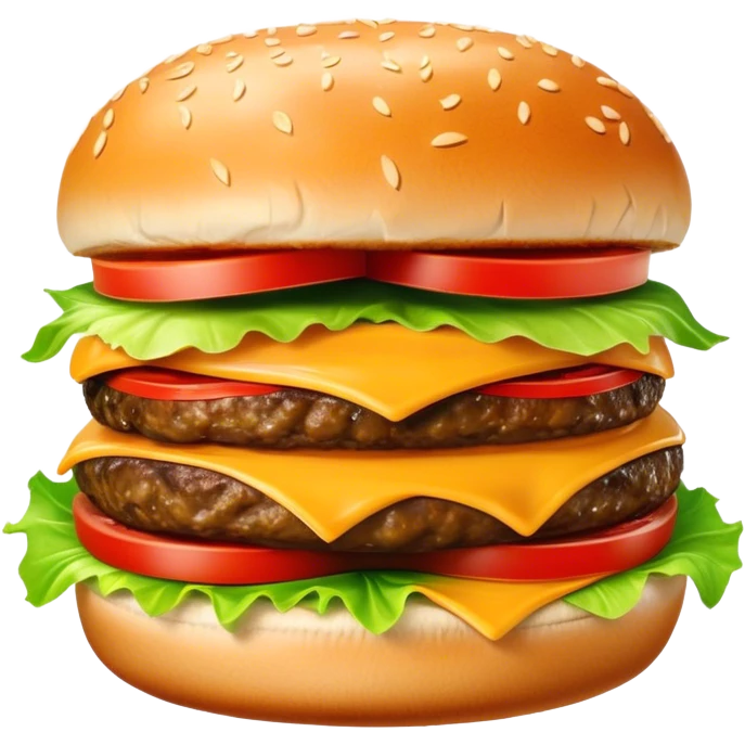 Cinematic juicy cheeseburger, perfectly grilled patty, melted cheese, crisp lettuce, tomatoes, and pickles, soft sesame seed bun, glossy and rich, warm glowing background, ultra-detailed and appetizing. emoji