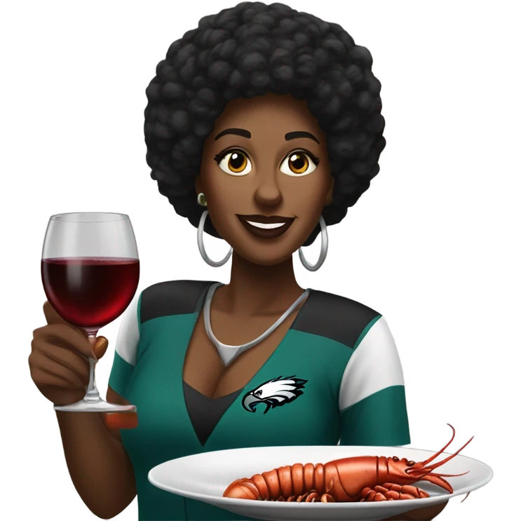 Black woman eating steak and lobster and wine wearing an eagles jersey emoji
