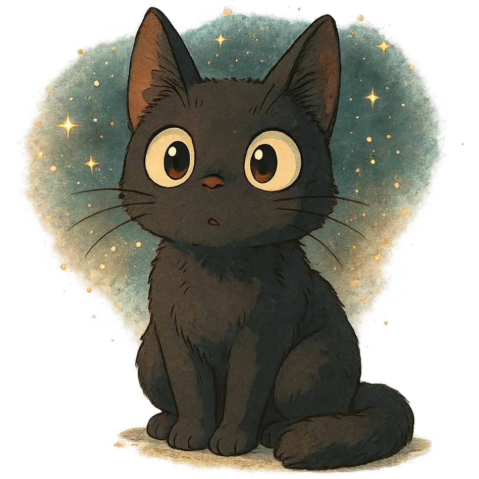 curious cat with big eyes and magical atmosphere in ghibli style emoji