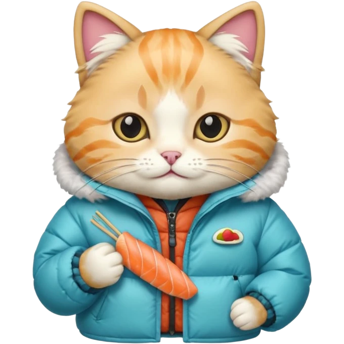 cat wearing a puffy jacket and eating sushi emoji