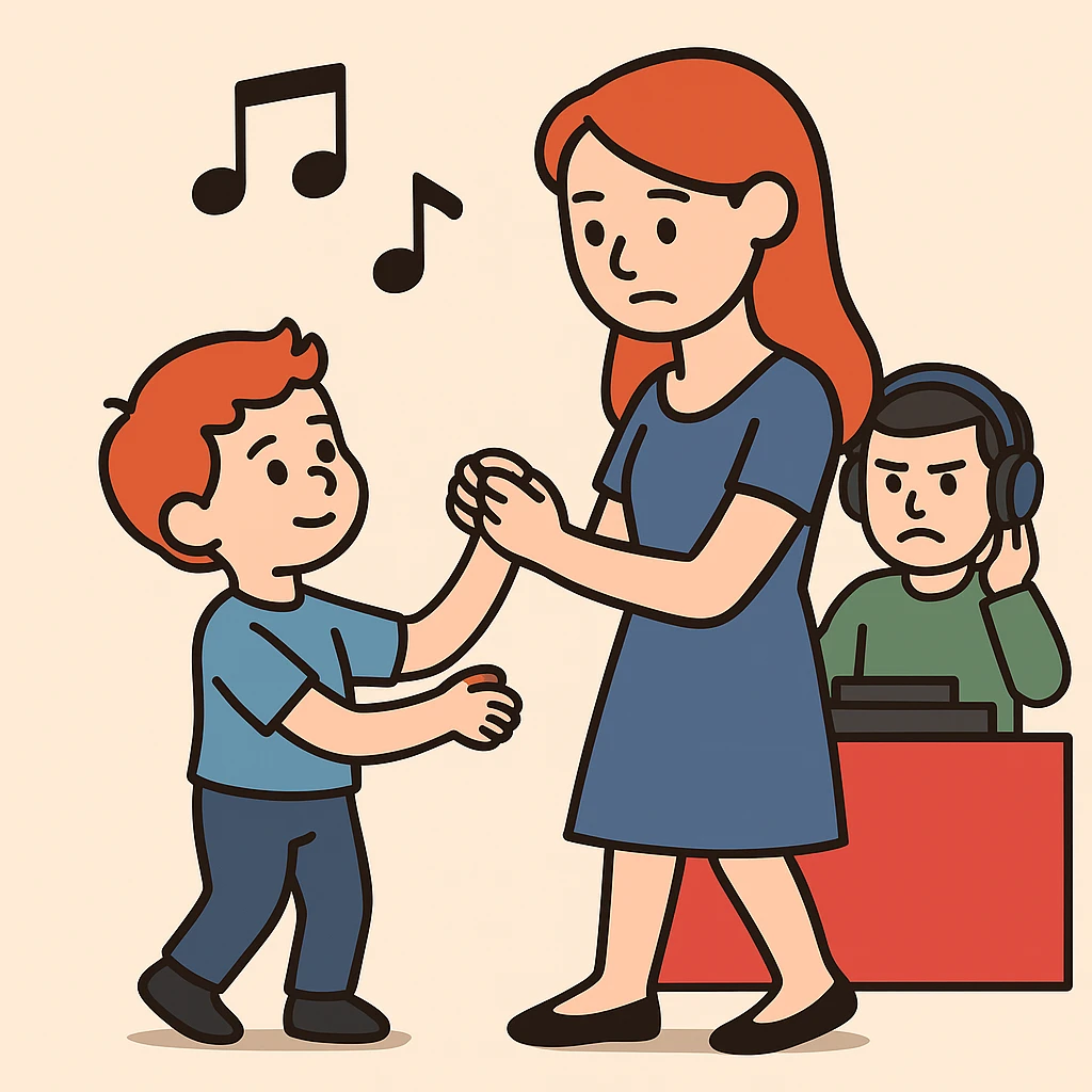 girl higher than the boy, boy should be small and with red hair, they dance slow dance and DJ is angry that he is alone emoji
