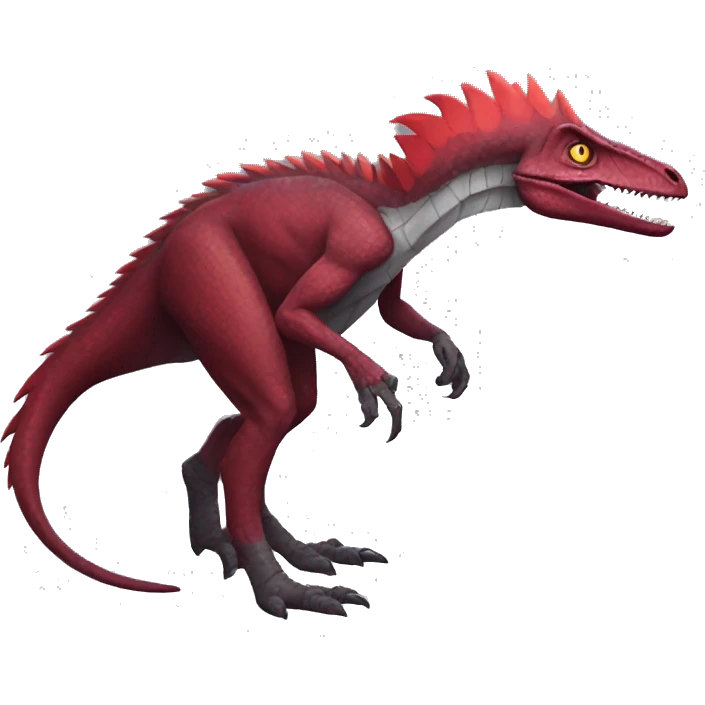 Cool edgy handsome Maroon-colored velociraptor with bright-red spiky mane full body emoji