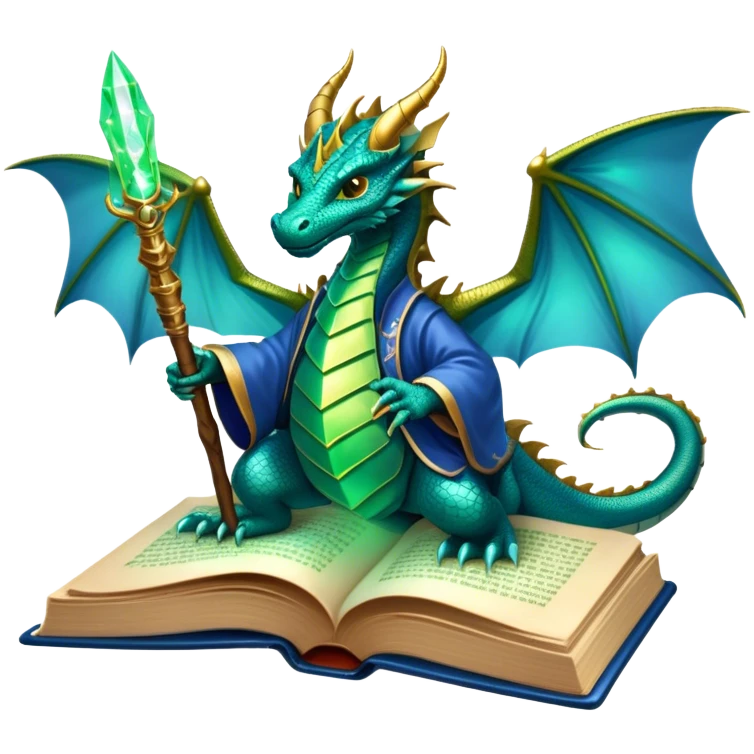 Icon for Fantasy and Sci-Fi Literature: a magical book with glowing pages, surrounded by a dragon, a spaceship, and a wizard with a staff. The icon should capture the adventurous and imaginative world of fantasy and science fiction. Transparent background. emoji