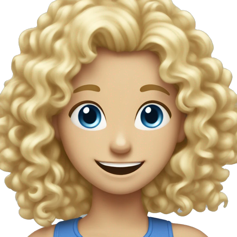 Curly blonde haired girls with blue eyes and a big smile with thumbs up emoji