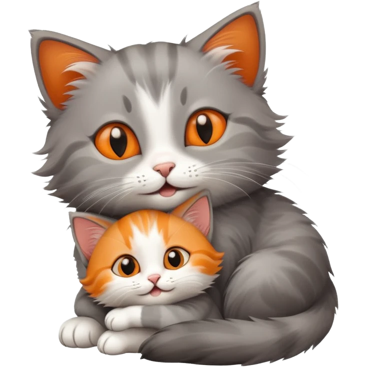 happy mom cat hugging her happy kitten, kitten looking up at mom emoji