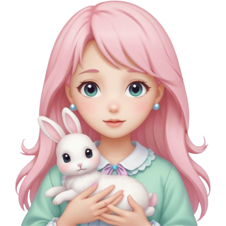 Gorgeous pastel anime style lady with blushing face and holding a bunny cottagecore fairycore pastelcore colorful pearly romantic simplistic aesthetic trending style emoji