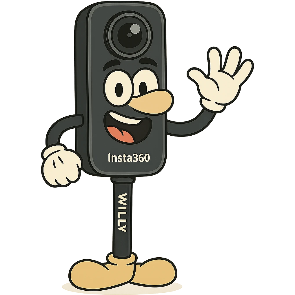 playful, characterful Insta360 camera on a stick named Willy, cartoon style character emoji