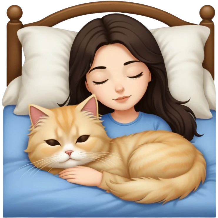 pretty girl with dark long hair sleeping with blonde fluffy  persian cat in bed emoji