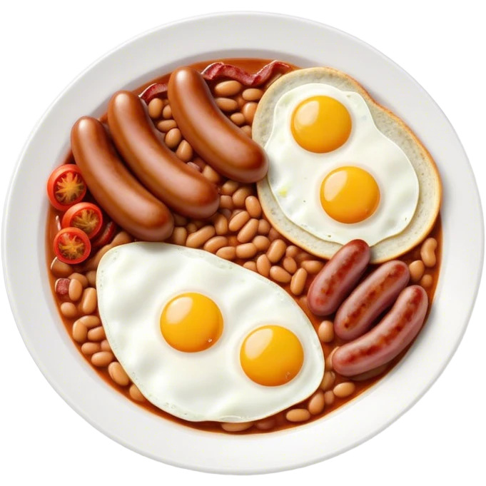 Cinematic Realistic English Breakfast Dish Emoji, showcasing a hearty ensemble of eggs, bacon, sausages, baked beans, and grilled tomatoes rendered with lifelike texture and vibrant, appetizing detail that exudes comforting tradition. emoji
