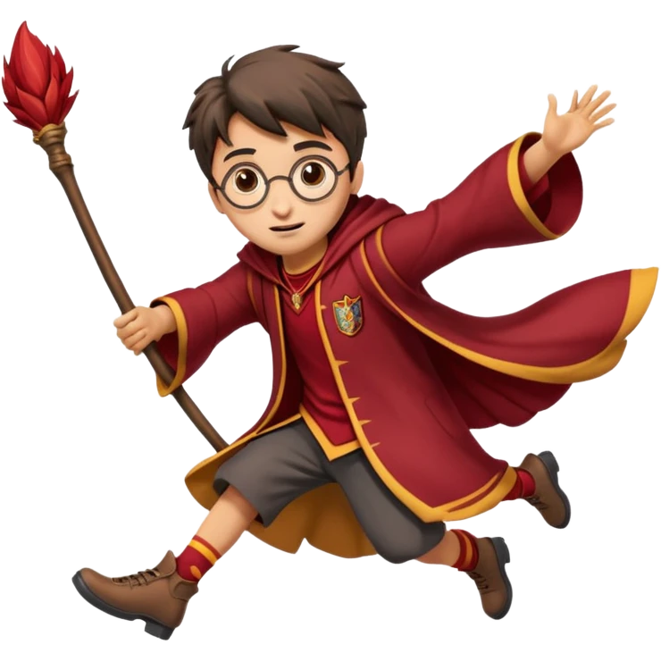 Cartoon-style illustration of Harry Potter flying on a broomstick, Gryffindor red and gold outfit, expressive face, dynamic motion, magical vibe, smooth shading, vibrant colors, no background, transparent background, isolated character. emoji