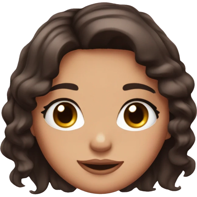 girl with black and brunette hair, brown eyes, shine in the tear duct, long and pretty eyelashes and a cute smile, with pink cheeks emoji
