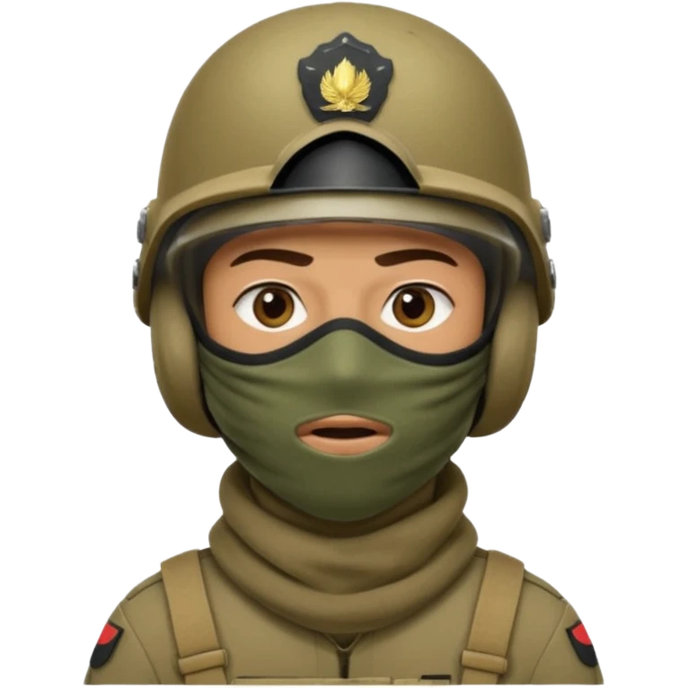 
an Iraqi soldier with a serious face, wearing a helmet and a balaclava covering his mouth emoji