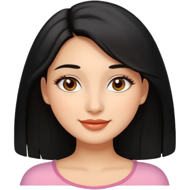 Feminine woman Softly rounded, healthy face — slightly curvy and feminine, not overweight.
Warm tan skin, brown eyes with long lashes, full glossy lips, gentle smile.
Shoulder-length black hair framing the face.
Clean, polished emoji look, soft shading, neutral background. emoji