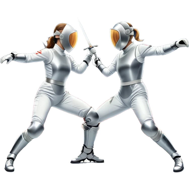 Two fencers in full protective gear and masks duel on a professional piste, swords clashing mid-air. Dynamic lunges and defensive stances highlight the intensity of the sport. The background features a stylized fencing arena with bright lights. Transparent background emoji