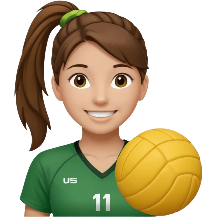 Девушка с хвостом, коричневые волосы и две пряди у лица, в зеленой волейбольной форме радуется emoji