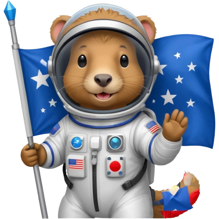 Capypara in space suit, holding blue rectangle flag emoji