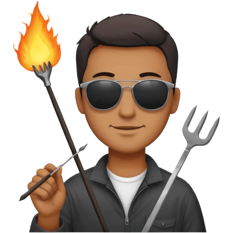A guy in sunglasses holding tongs, proudly turning skewers over glowing charcoal. emoji