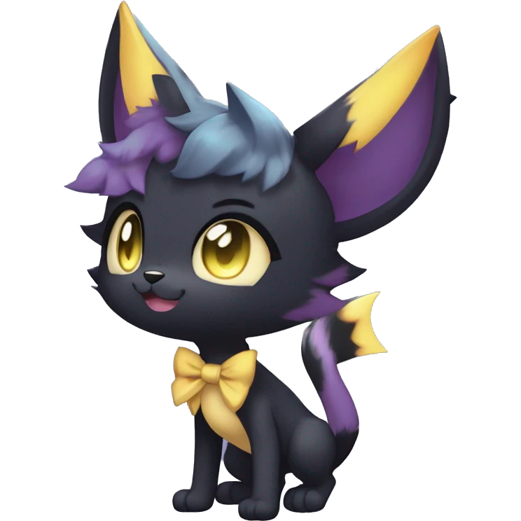 Shiny Cool Edgy Emo pastel Black beautiful ethereal fantasy Kawaii Sona Umbreon-Noibat-Litten-Fakemon-cat-animal with edgy bat-ears bow tie black mane vtuber model Full Body emoji