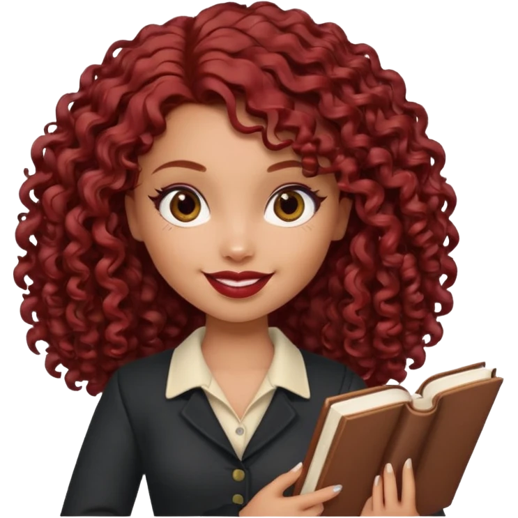 generate a pretty bratz girl curly dark red hair, brown lipstick on, smiling. Book in hand emoji