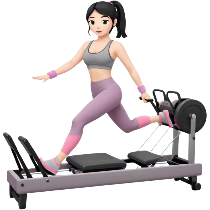 Create a Pilates emoji: a girl with fair skin and black hair, wearing a grey bra and grey leggings with pink pilates socks, exercising on a pilates reformer and not looking at the camera emoji