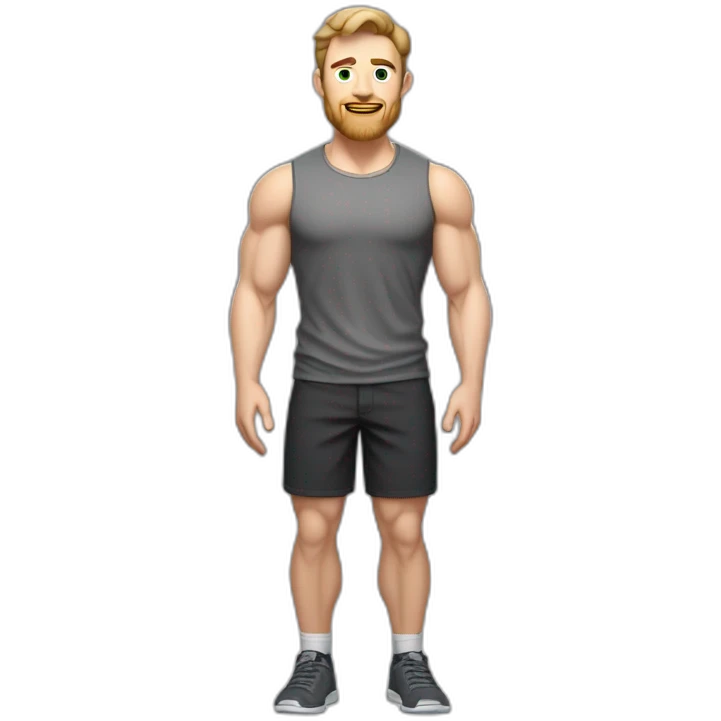 Full height Pale skinned fit man With biceps, Realistic eyes and mouth, light brown hair and stubble In dark gray sleeveless mike, black oversize sports shorts, watch and white sneakers. emoji