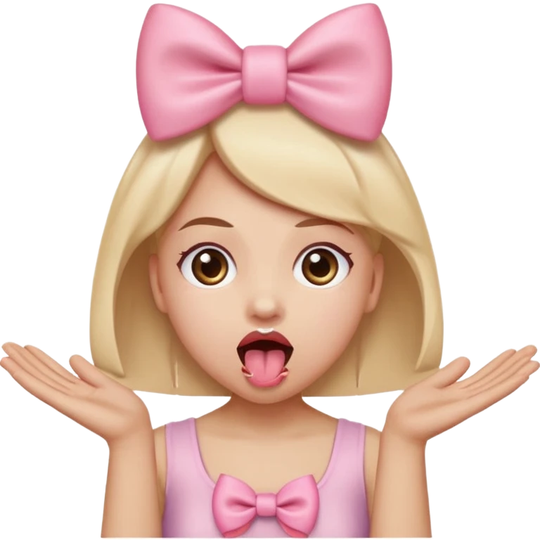 Sticking tongue out with eyes open with a light pink bow on the emoji withe hands out! emoji
