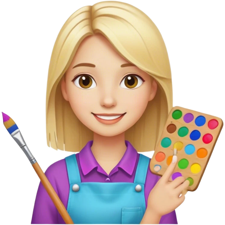 painter girl with straight blonde hair, very cheerful and colorful emoji