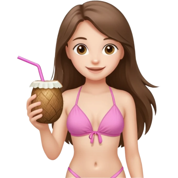 happy pretty white brunette teen long hair with hazel eyes and a small waist in light pink bikini holding a coconut drink emoji