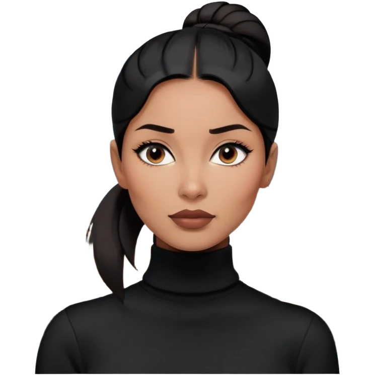 A half-body portrait of a stylish woman with sleek black hair tied in a low ponytail, dressed in a chic, minimalist outfit with a black turtleneck sweater. She has a confident expression, with a modern cityscape as the background emoji