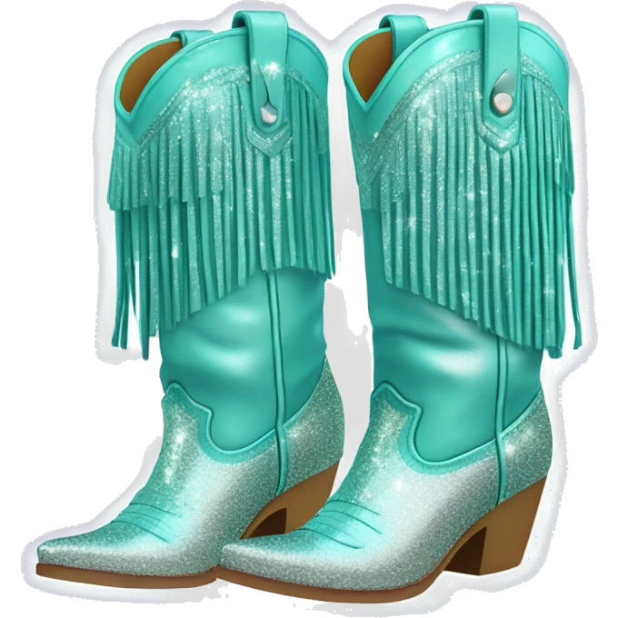Realistic pastel teal fashion cowgirl boots with sparkly shiny glitter fringe on them. emoji