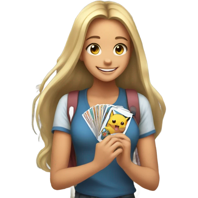 smiling girl holding Pokémon cards  emoji