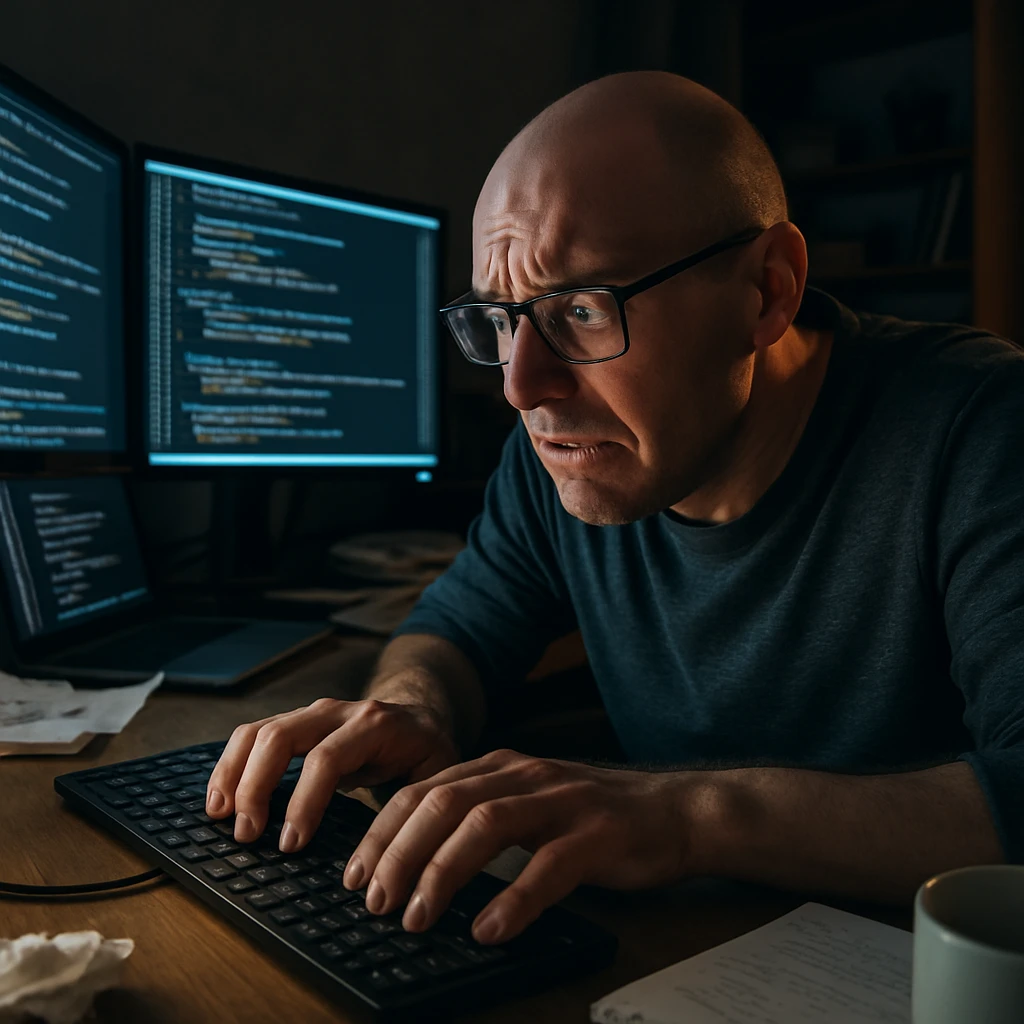 bald programmer with glasses, visibly stressed but very focused, working late night from home office, typing frenetically in front of multiple monitors illuminating his face, slightly messy environment typical of someone immersed in work, close-up on hands on keyboard emoji