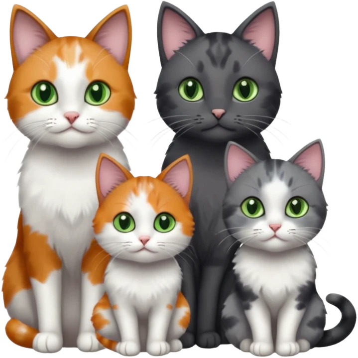 3 different coloured small cats including a dark grey and white, and a patchy calico and a completely solid dark grey with green eyes and only white paws emoji