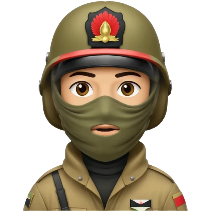 
an Iraqi soldier with a serious face, wearing a helmet and a balaclava covering his mouth emoji