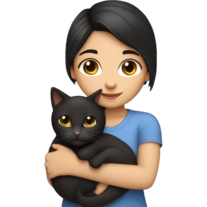 Black haired girl fair skin hugging a tabby cat emoji