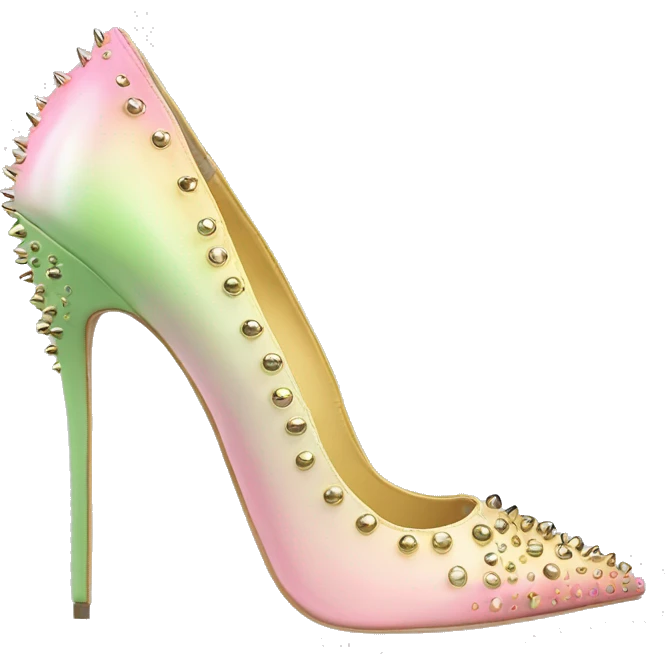 Hyper Realistic top front view of a pair of pastel pink,pastel green,and pastel yellow ombre gold studded pointed toe stiletto shoes.  emoji